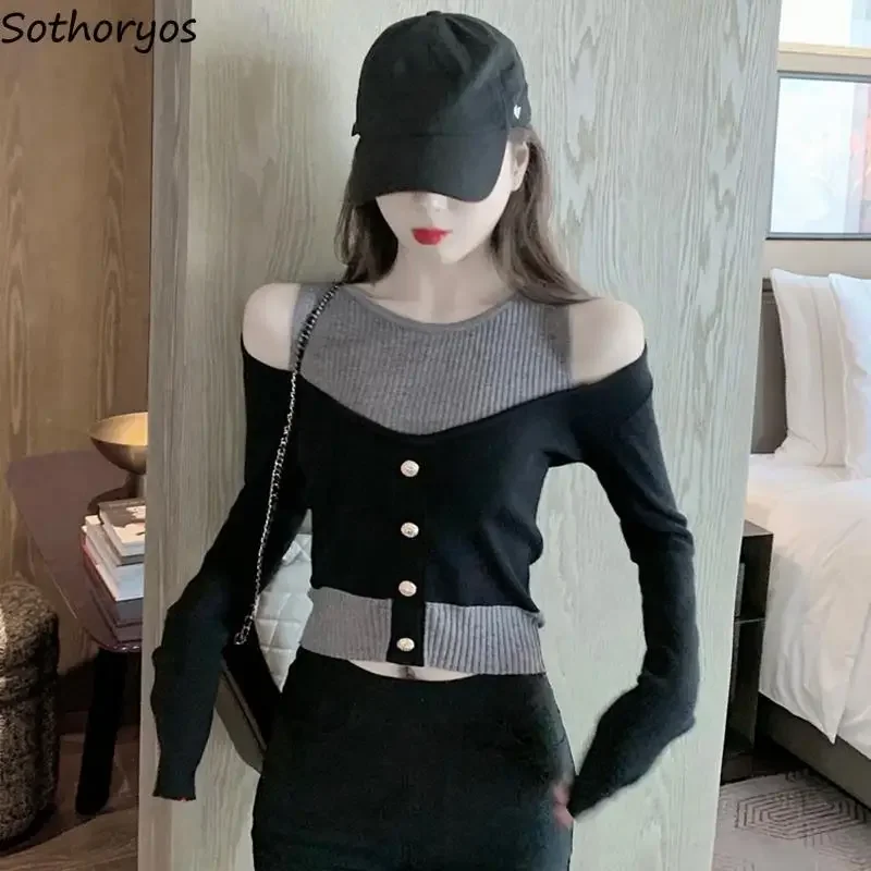 Pullovers Women Patchwork Special Button Designed All-match Spring Sexy Cozy Basics Attractive Casual Korean Style Ladies Young