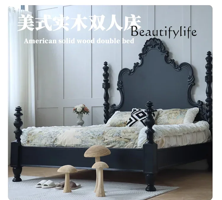 F French Retro Black Solid Wood Bed Old Retro Wedding Bed Light Luxury European Light Luxury Double Bed
