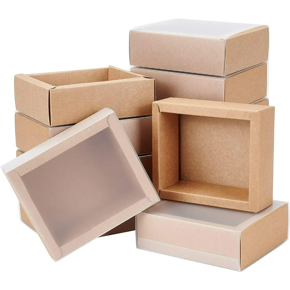 12 Pack Kraft Paper Gift Boxes with PVC Frosted Cover 4x3.5x1.5 Inch Kraft Paper Drawer Box for Cake Cookie Candy Soap