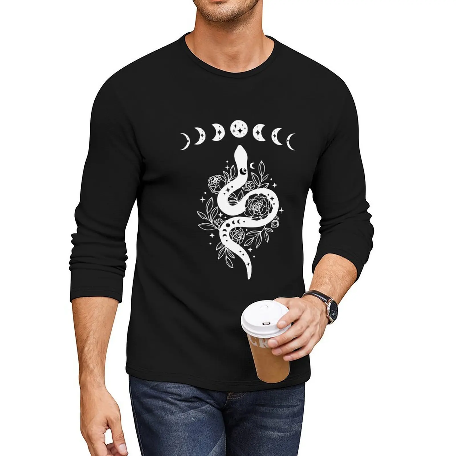 Celestial Snake, Mystical Lunar Snake, Celestial Mystical Floral Moon Snake Long T-Shirt