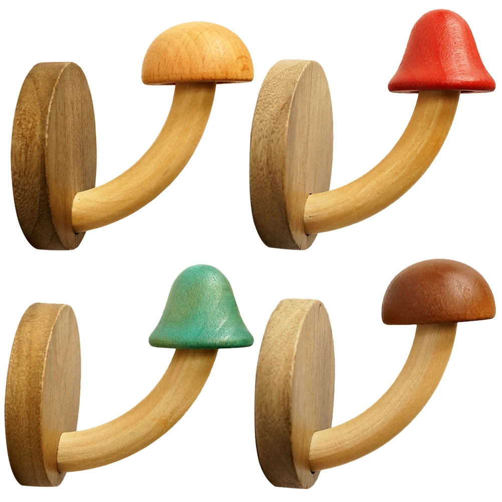 

4 Pcs Wall Hook Coat Hooks over Door Hanger Wooden Kitchen Decor Mushroom Hnager