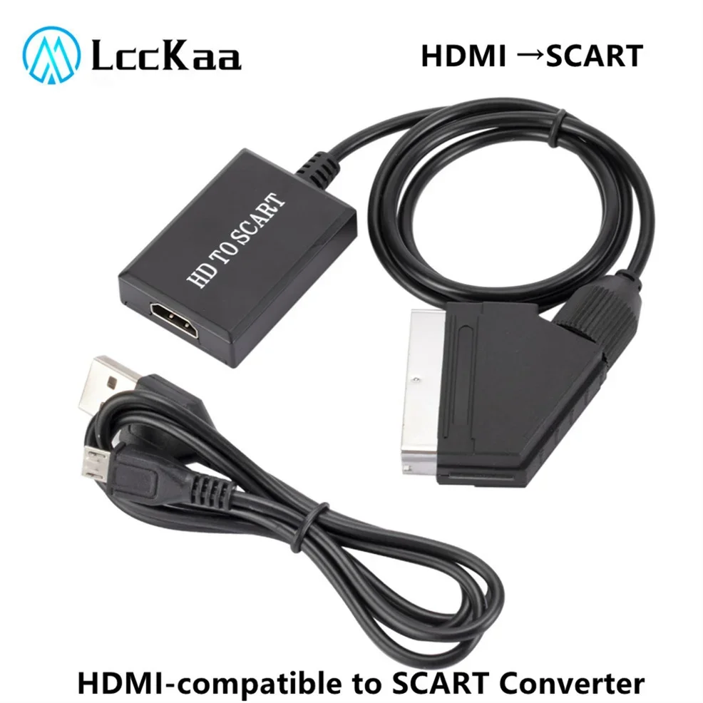 LccKaa 1080P HDMI-compatible to SCART Video Audio Upscale Converter Adapter for HD TV DVD for Sky Box STB Plug and Play DC Cable