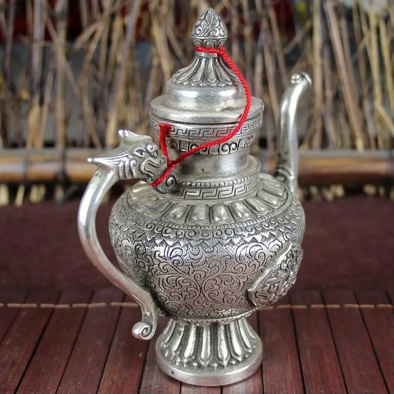 Antique Miscellaneous Collection Imitation Bronze Tibetan Style White Copper Gilded Silver Home Decor Premium Craft Dragon Handl