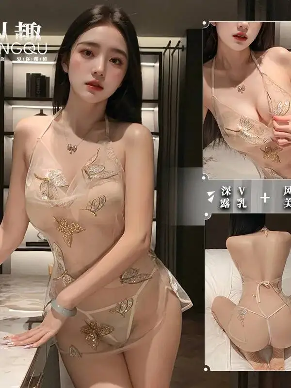 ملابس داخلية مثيرة غير رسمية مثيرة من الشيفون بقماش شفاف دانتيل شيونغسام ربطة عنق على شكل فراشة بيجامة رغبة نقية فستان موحد أنيق حلو W2TW