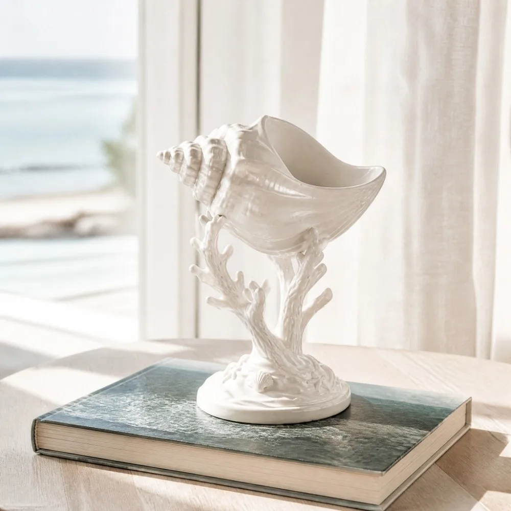 3D Printed Conch Goblet Ornament Mini Decorative Ocean Style Coral-Shaped Jewelry Tray Plastic White Conch Storage Organizer