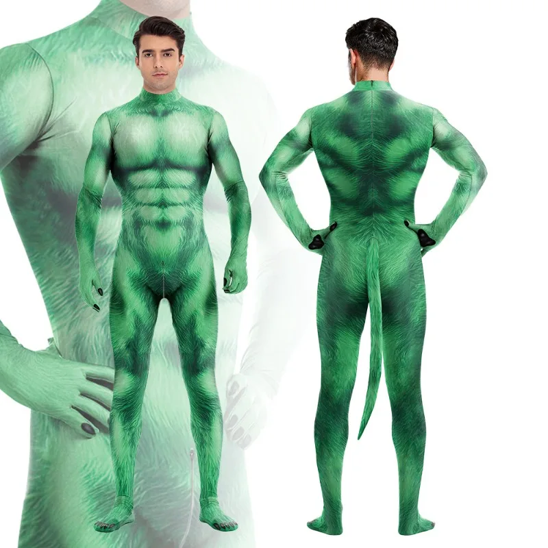 

Cosplay Unisex Funny Cosplay Jumpsuit Green Pet Bodysuit With Dog Tail Halloween Animal Zentai Suit Carnival Party Stage Showing