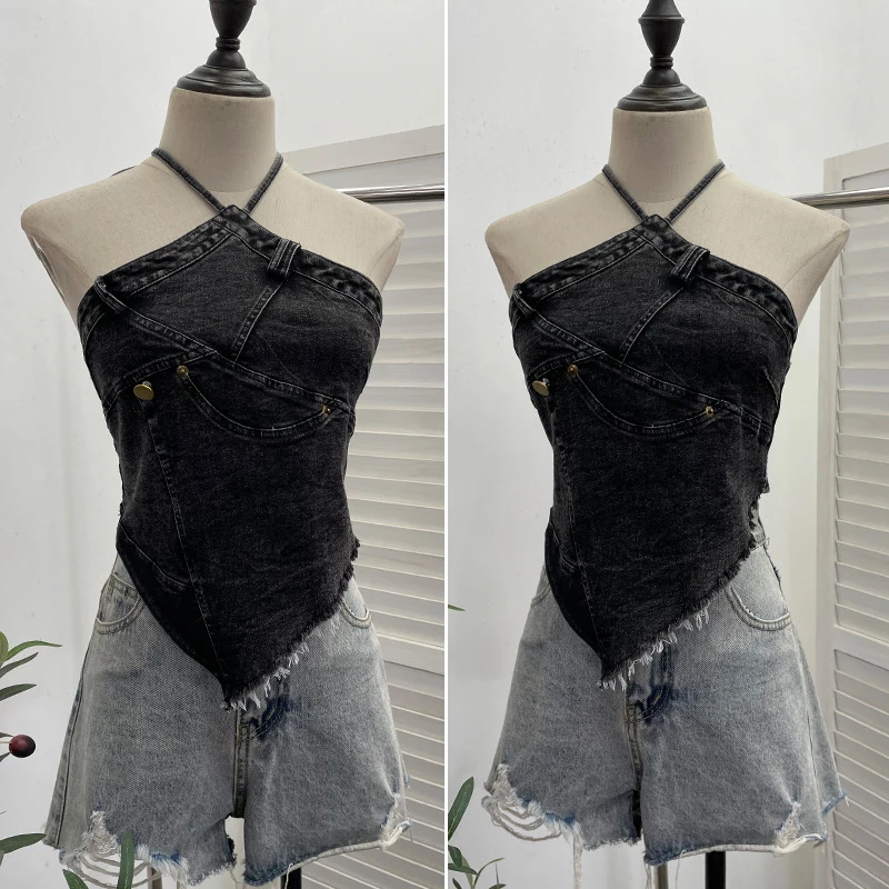 Real Shot 2025Summer American-style hot girl halter neck denim tube top with irregular frayed edges, short tank top