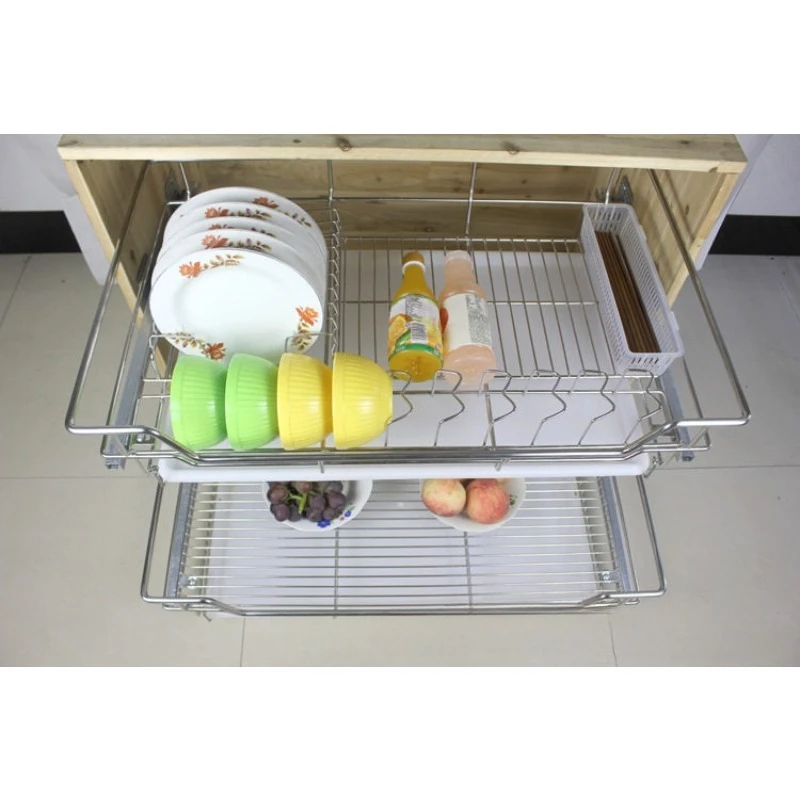 201 stainless steel pull-out basket, double-layer cabinet pull-out bowl and dish basket, kitchen storage rack, damping buffer