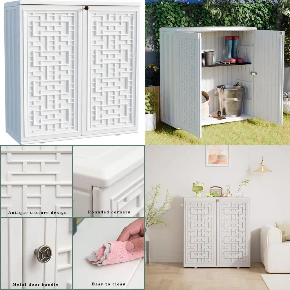 

Waterproof Plastic Outdoor Storage Cabinet with Shelf, Off-White, Ideal for Patio, Garden, Backyard, 34.3 Length