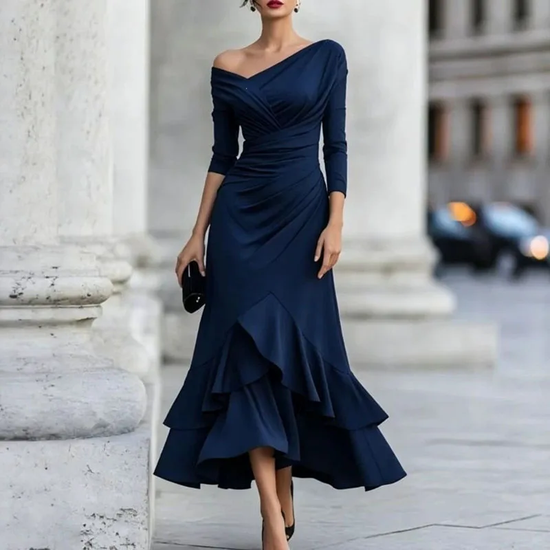 Women Solid Inclined Shoulder Dress Irregular Off‑Shoulder 3/4 Sleeve Layered Ruffle Mermaid Dress Elegant Guest Evening Dresses