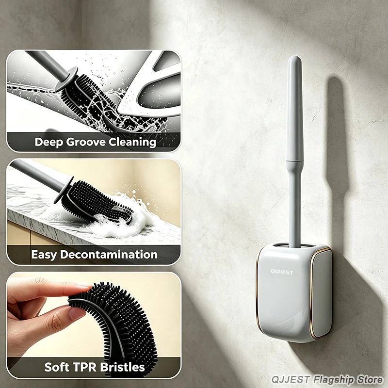 Wall Mounted Silicone Toilet Brush No Drilling Wall Hanging Long Handle No Dead Angle Bathroom Cleaning Brush