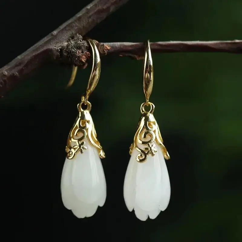 

White Jade Magnolia Earrings Gemstone Zircon Natural Women Crystal Charm Chalcedony Gifts Amulet 925 Silver Jewelry Fashion