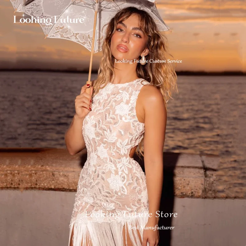 ボヘミアンレースアップリケマーメイドアイボリーウェディングドレスシンプルなOネックノースリーブフォーマルプリーツタッセルオープンバックイリュージョングロウンカスタマイズ