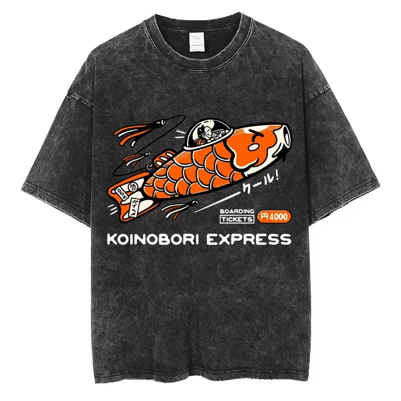 

Футболка в японском стиле Koinobori Express, забавная винтажная модная футболка унисекс с коротким рукавом, оверсайз, из хлопка, уличная одежда