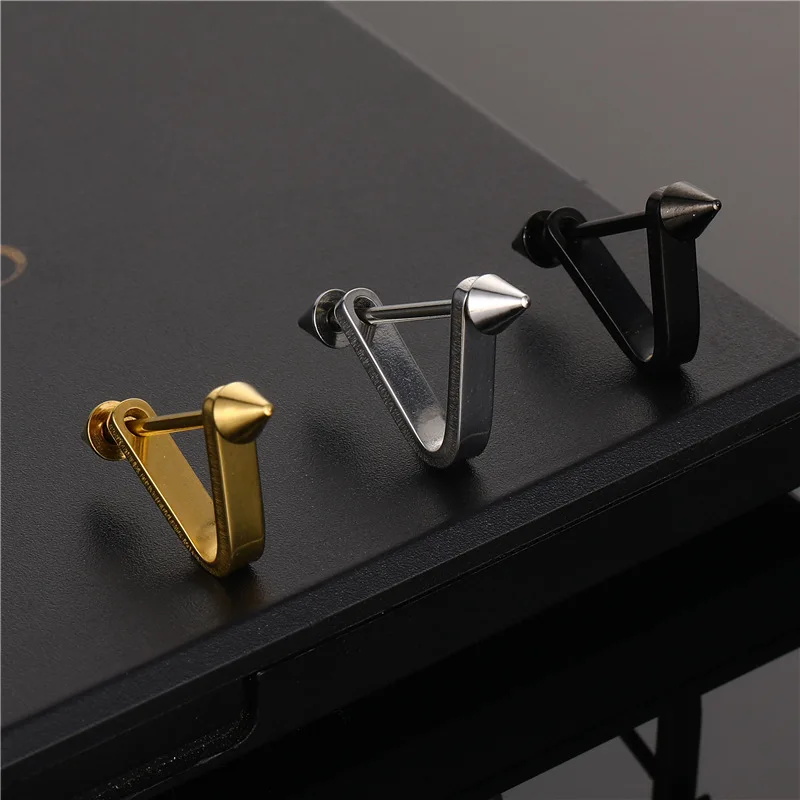 Korean V Simple Personality Triangle Stud Earrings Punk Stainless Steel Geomertic Earring For Fashion Women Men Jewelry