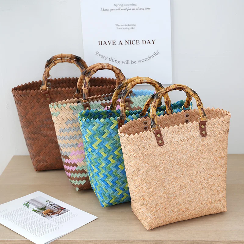 New Rattan Handbag Retro Simple Bamboo Tote Bag Large Capacity Shopping Fashion Woven Bag