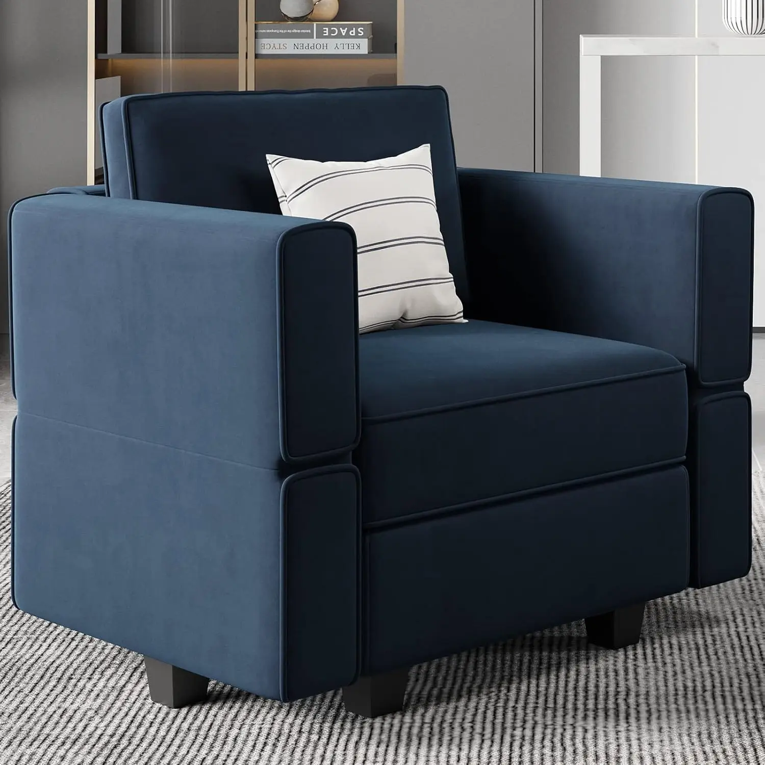 Modular Sectional Arm Accent Chair with Storage Seat Velvet Armchair Single Sofa Club Chair Blue