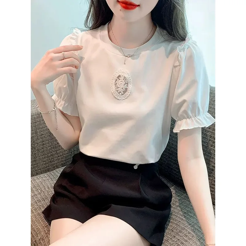 2023 New Summer Fashion Simple Round Neck Lace Embroidery Wood Ear Edge Bubble Sleeves Sweet Small Fresh Versatile T-shirt