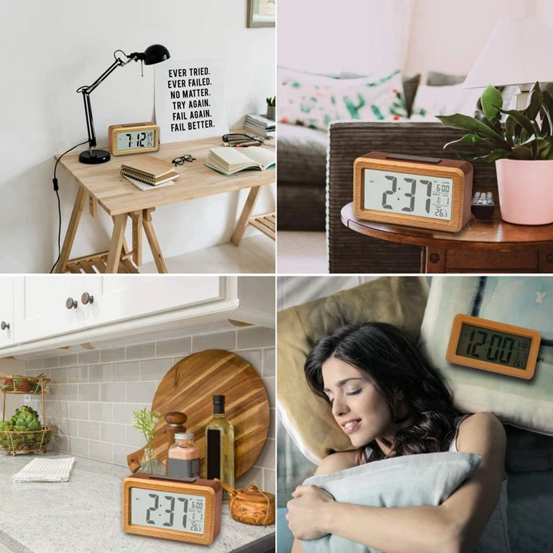 2X Wooden Large LED Digital Alarm Clock, Smart Sensor Night Light With Snooze, Date, Temperature, 12/24Hr Switchable