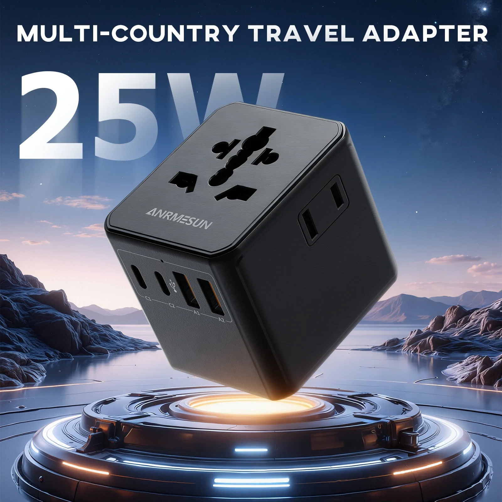 ANRMESUN Universal Travel Adapter with 2 USB Ports 2Type-C PD Charging All-in-one Travel Adapter EU/UK/USA/AUS Plug for Travel