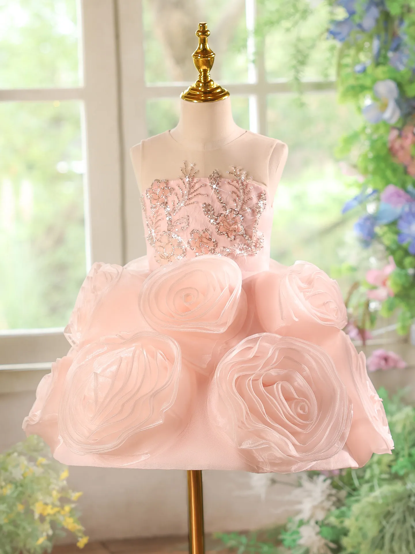 

Custom Pink Beaded Sleeveless Baby Flower Girl Dress With 3D Flowers Princess Children's Ball Gown For Birthday Party فساتين بنا