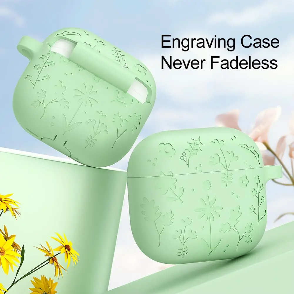 Berukir Bunga untuk Casing AirPods 4 Aksesori Kulit Silikon Pelindung dengan Gantungan Kunci & Tali Penyandang untuk Casing AirPods 4 (Biru Muda)