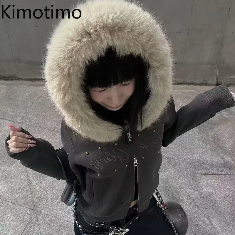 

Kimotimo Retro Detachable Fur Collar Hoodie Women Y2k Letter Embroidery Zipper Short Jacket Casual Versatile Sweatshirt Harajuku