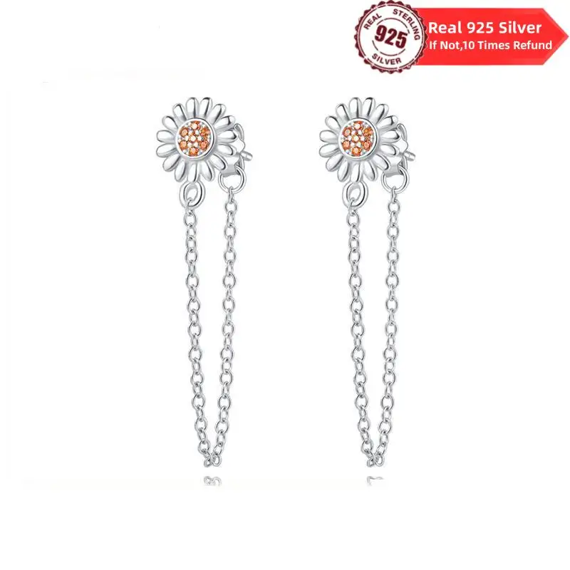 Original Real 925 Sterling Silver Gerbera Sunflower Earrings Hoop Eardrops For Women Wedding Party Girlfriend Birthday Gift