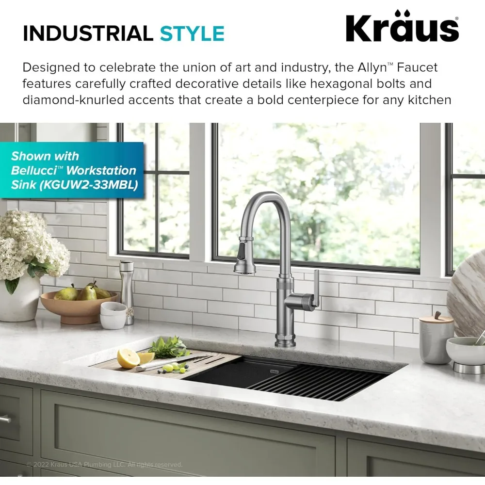 Grifo extraíble KRAUS Allyn estilo industrial en acero inoxidable sin punto, modelo KPF-4102SFS