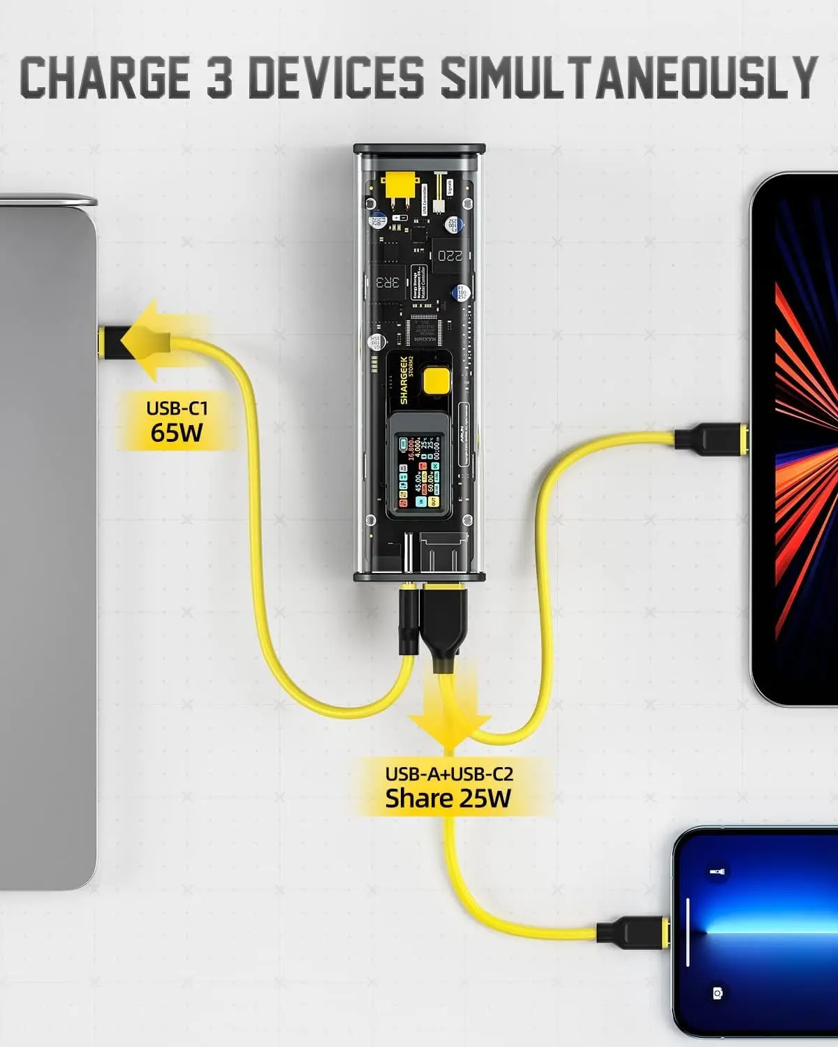 SHARGE/Shargeek PD100W 25600mAh Laptop Power Bank First See-Through Battery Pack with IPS Screen DC & 2*USB C Ports for Phone Tablet