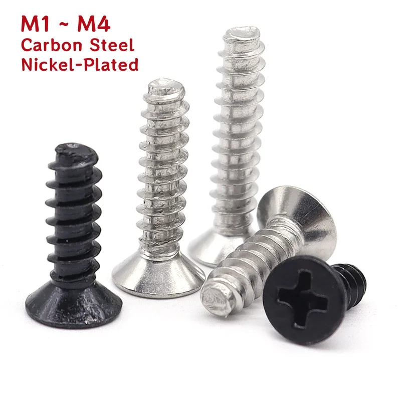 M1 ~ M4 Carbon Steel Nickel-Plated Black Cross Recessed Countersunk Head Self-tapping Flat Tail Screw Bolt