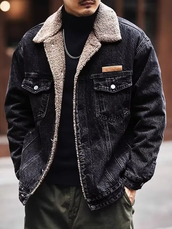 

Winter Thiened Lamb Velvet Cotton Jaet Men's New 2025 Fce Lined Warm Workwear Denim Insert Collar Casual Sle Coat