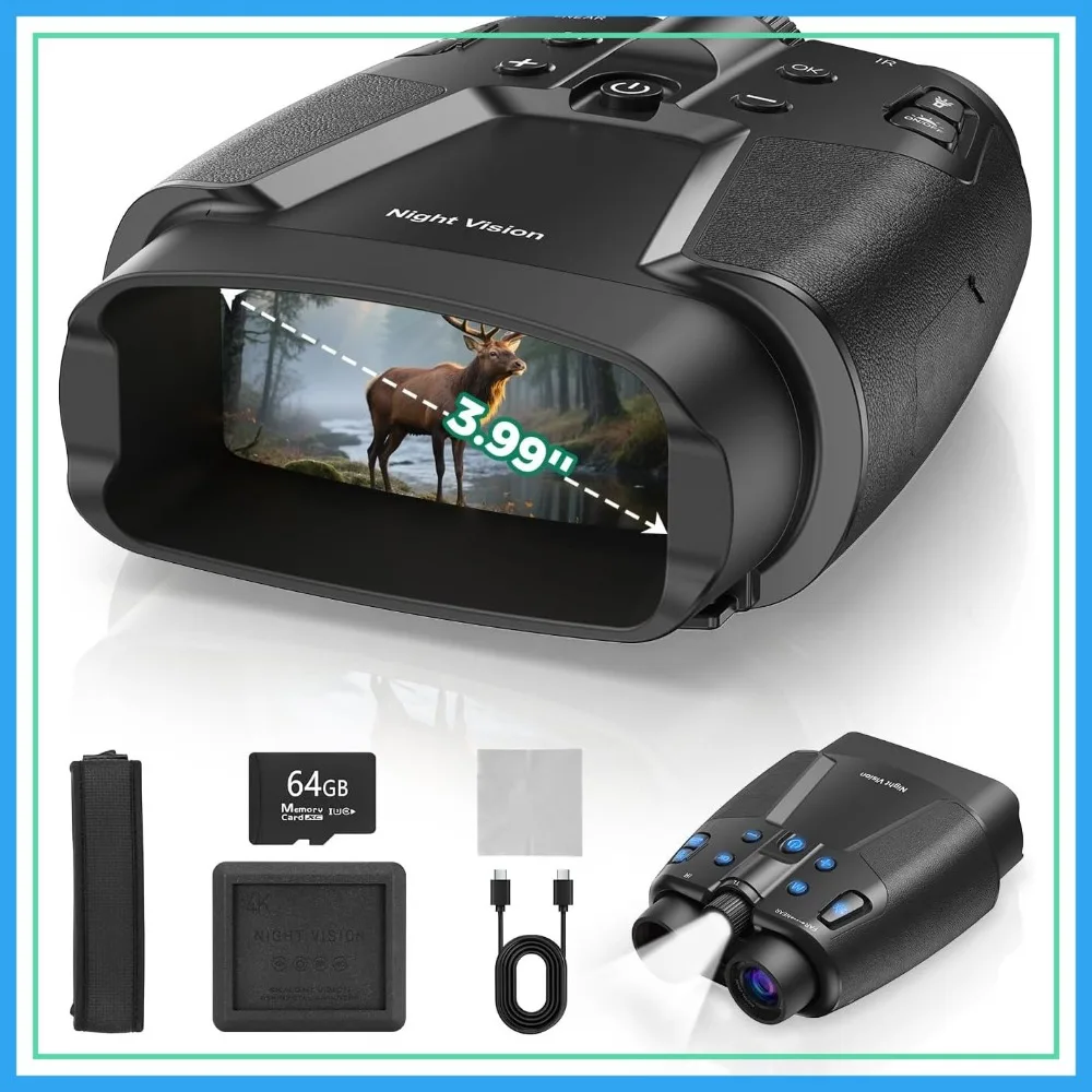 

4K Night Vision Binoculars with 3.99" HD Screen, 10000mAh Battery, 64GB Card for Wildlife & Surveillance