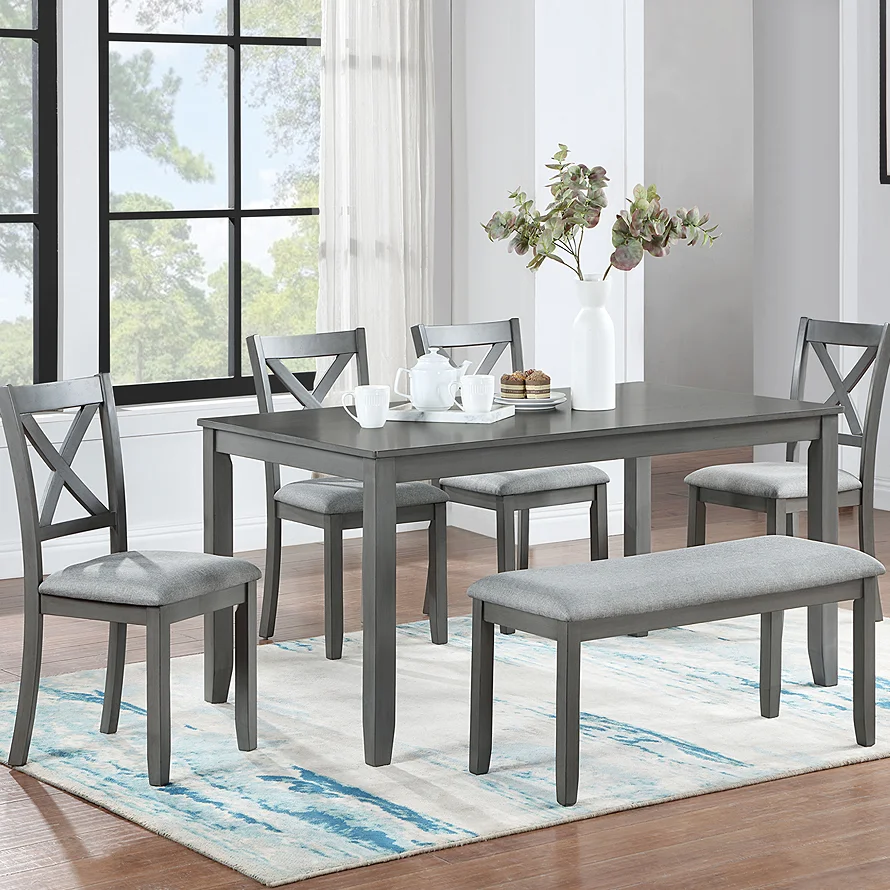 #6 Piece Modern Eco-Friendly Durable Kitchen Dining Set Rectangular Wooden Dining Table 4 Upholstered Chairs