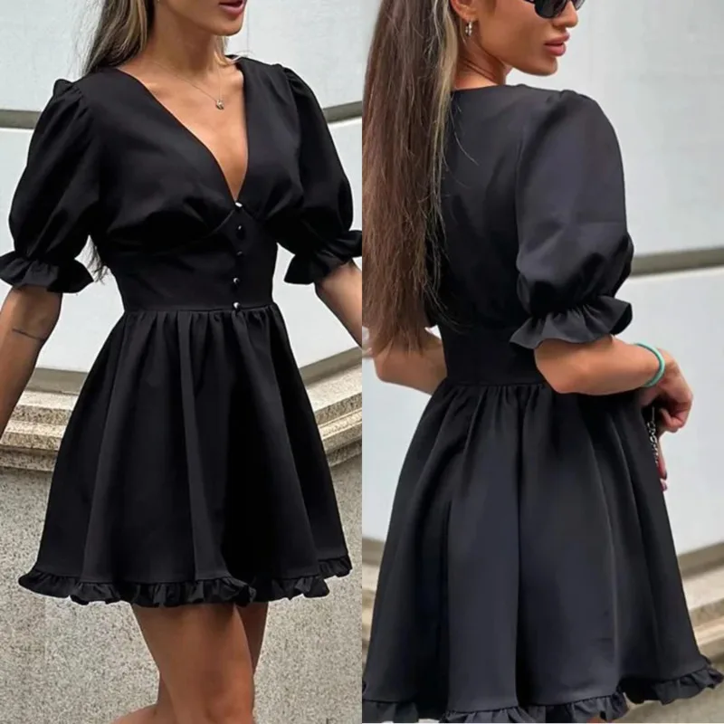 

French Puff Sleeve High Waist Dress Sexy Deep V Neck Ruffle Bodycon Dress Chic Summer Elegance Women's Solid Color Party Dress