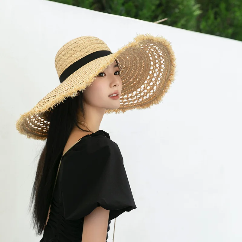 

Summer Women's Seaside Beach Holiday Outing Large Straw Raffia Grass Fur Side Hollowing Holiday Sun Hat Panama Hat