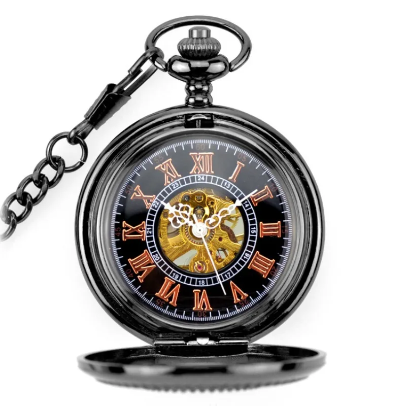 Luxury New Arrival Steampunk Skeleton See Though Back Case Roman Number Dial Men's Hand Wind Mechanical Pocket Watch W/chain