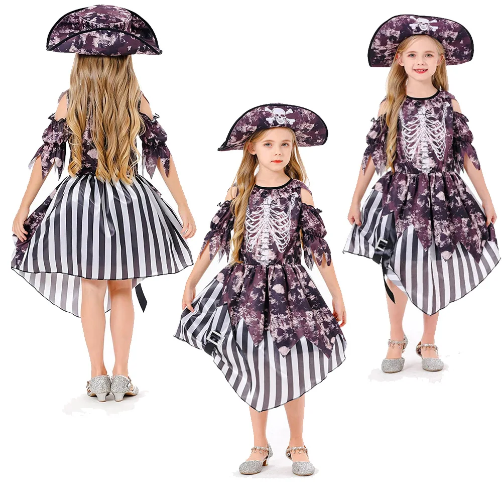 Medival Pirates Stage Performance Cosplay Kids Girls Costume Children Roleplay Hat Dress Outfits Halloween Party Fantasia Suit