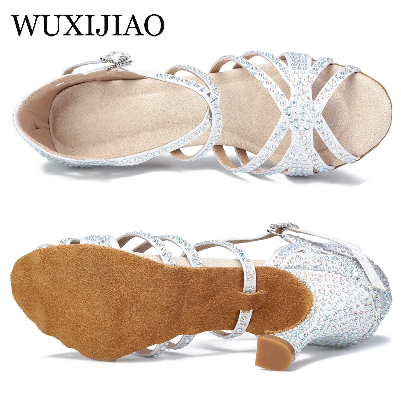 Latin dance shoes ladies new silk satin shiny rhinestone Cuban high heels 9 cm salsa dance shoes