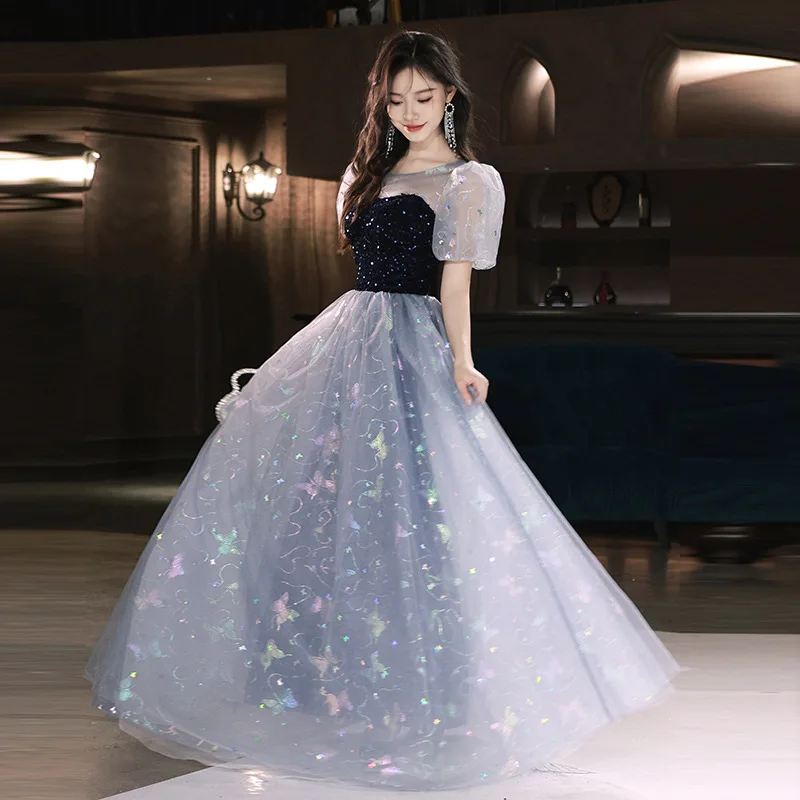 Bling azul vestido de noite brilhante borboleta lantejoulas mangas puff vestido de princesa doce contraste cor vestidos quinceanera 2025