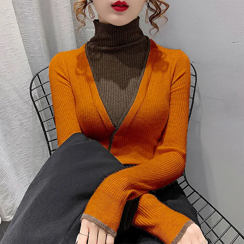 Autumn Winter Thick Long Sleeve Two Fake Pieces Knitting Sweaters Color Contrast Patchwork Pullover Korean Medium Strech Skinny