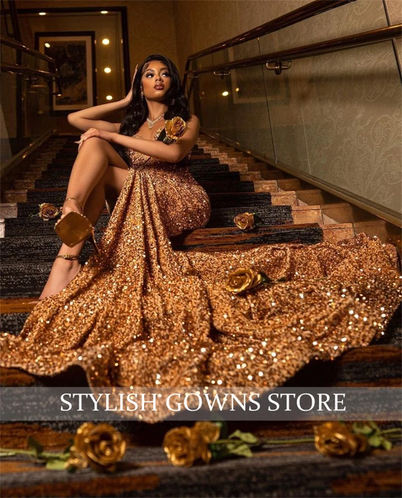 Champagne Long Prom Dress For Black Girls 2024 Sparkly Birthday Party Dresses High Slit Evening Gowns Mermaid Robe De Customized