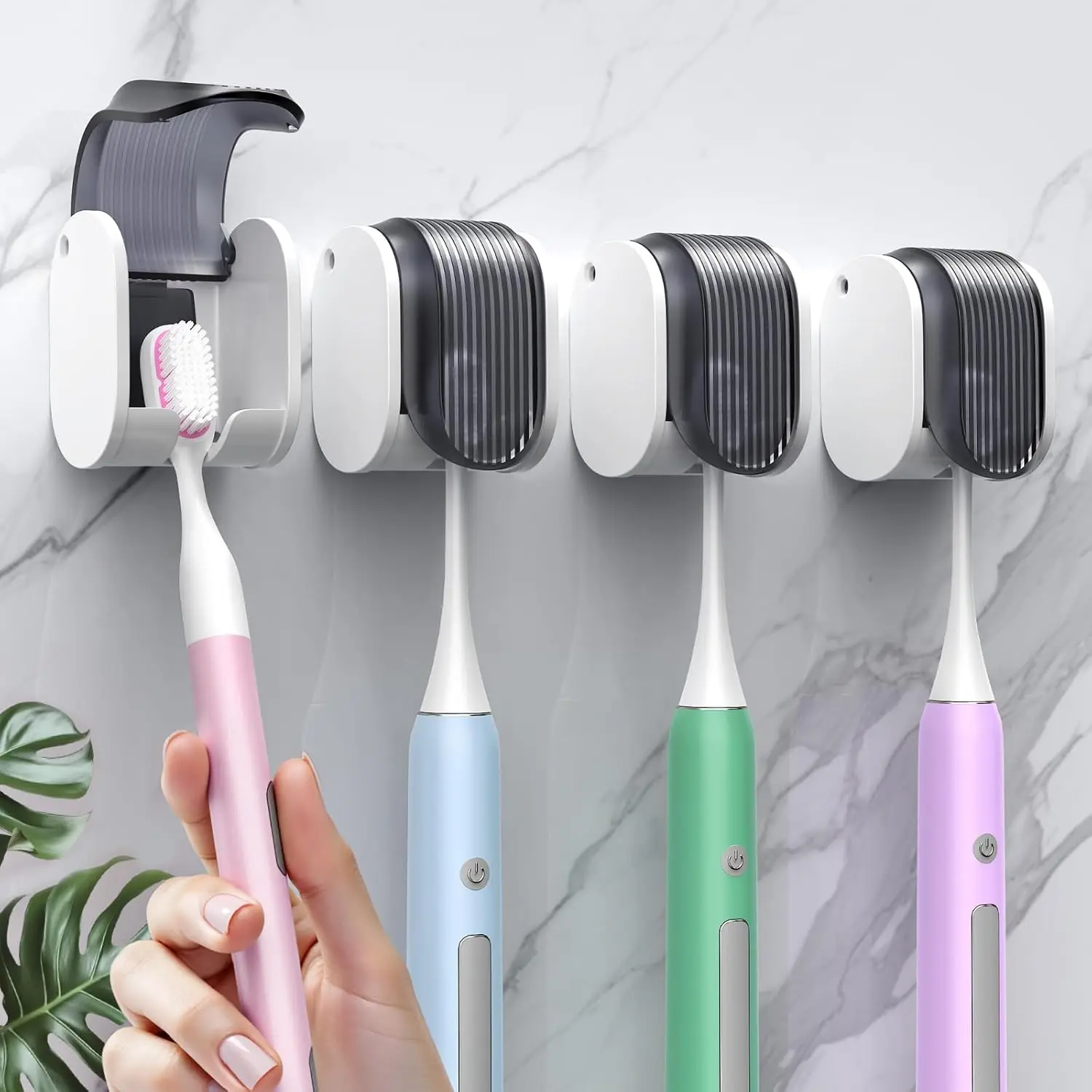 4 Pcs Toothbrush Holders Wall Mounted, Single Slot Design, Shower Self Adhesive Wall Mounted Toothbrush Holder with Cover, Water