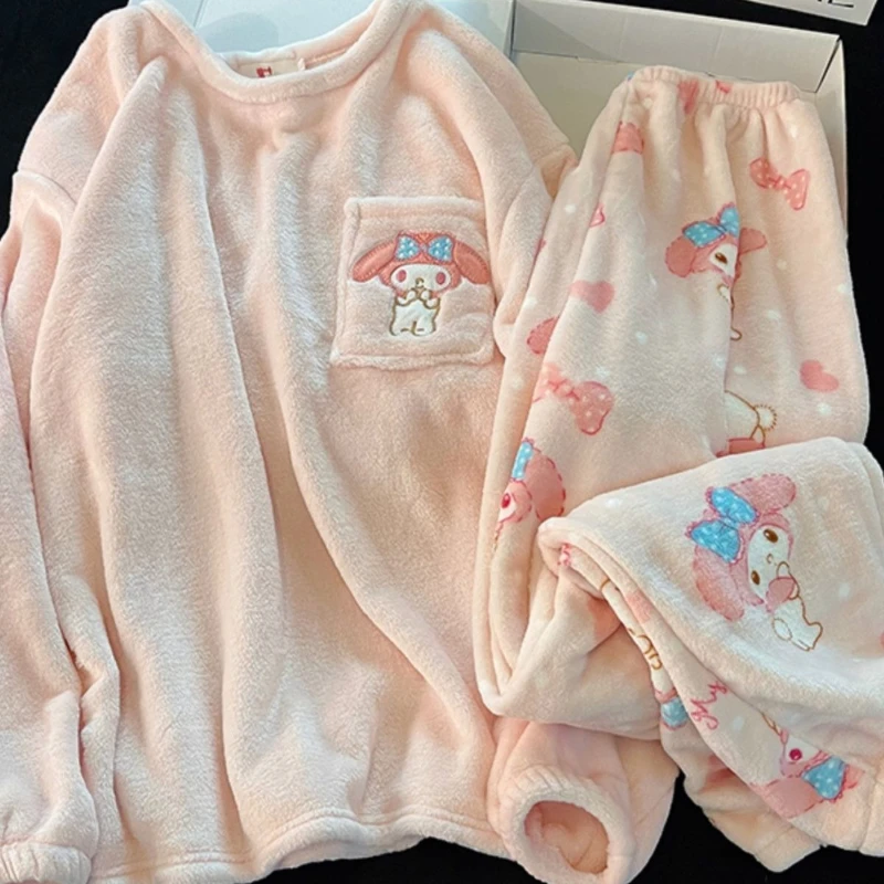 بيجامة ماي ميلودي الوردية للفتيات سميكة للخريف والشتاء بلوفر مخملي مرجاني من الفلانيل ملابس منزلية يمكن ارتداؤها في الخارج #1