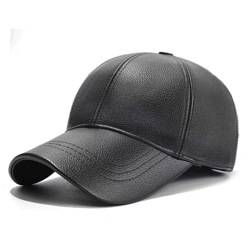 Men's Leather Cap Autumn and Winter PU Leather Solid Color Duckbill Hat, Warm Baseball Cap for Middle-Aged and Elderly, Winter
