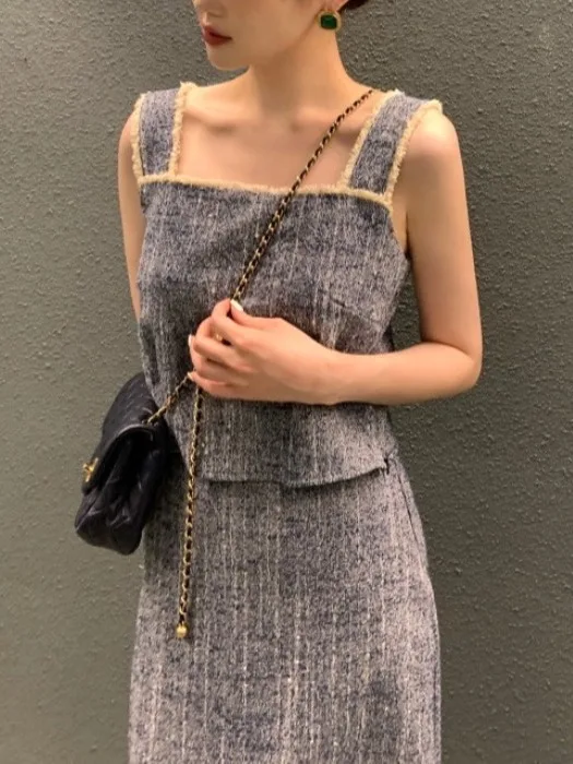 

Korean Sle f-oulder Tassel Trimmed Thin Tweed Vest High Waist Slimming Skirt Women's Faion Set Summer 2025