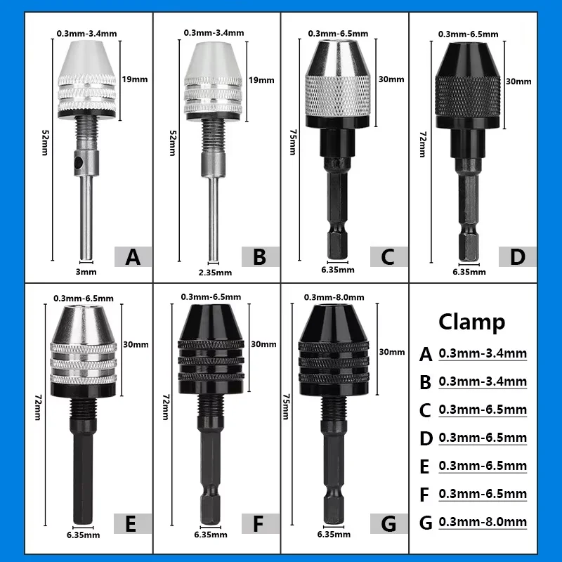 CMCP Mini Drill Chuck Keyless 0.3mm-8.0mm Hex Round Shank Chuck Adapter Screwdriver Head Micro Fixture Drill Bits Chuck Clamp