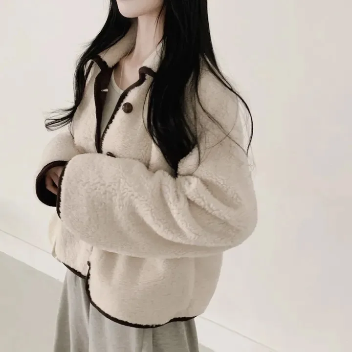 معطف نسائي أنيق غير رسمي فضفاض طويل Sve من فرو الضأن الكوري Sle للخريف والشتاء متعدد الاستخدامات للتخسيس اللون بياقة Blo... #3