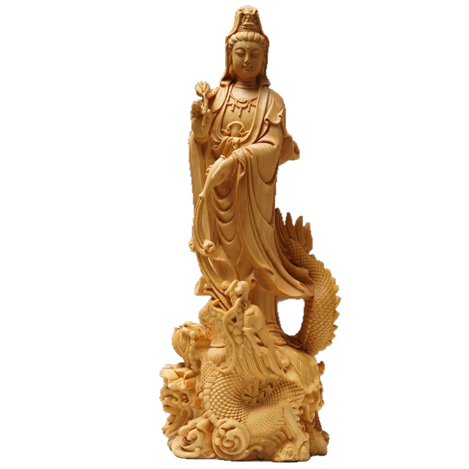 

Cz boxwood hand-carved buddha statue, dragon-subduing guanyin ornament, chinese style home living room desktop wooden craft