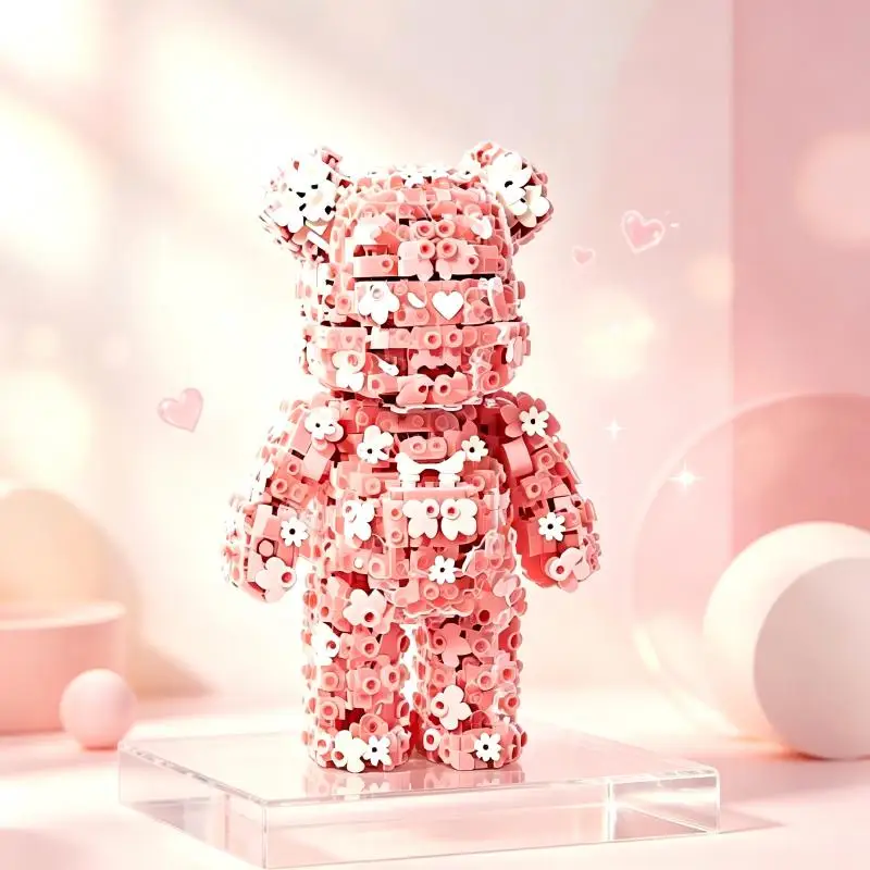 Bear Figure Building Blocks, Pink Floral Pattern, DIY Assembly, Tabletop Decor, Great Gift For Hobby Collectors.